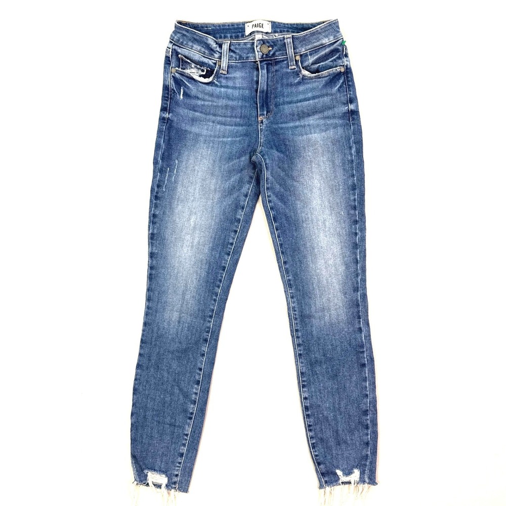 Paige Verdugo Ankle Skinny Jeans Medium Blue Distressed Frayed Hem Size 27